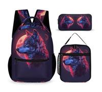 Wolves School Bag 3 Piece Set for Kids Age 12, Animal Wolf Bookbag with Lunch Box Pencil Case Year 5-7 for Young Learners School Season Study Supplies and Weekend Trips