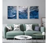 WoLWEs 3 Pieces-Modern Abstract Wall Art Blue Silver Marble Canvas Painting Poster Print Home Bedroom Living Kitchen Office Room Decoration Artwork-50x70cm/20x27inch (Unframed)