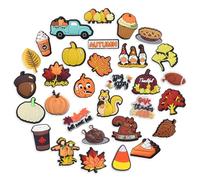 WOLWES Thanksgiving Shoe Charms for Women Men Cartoon Maple Leaf Pumpkin Squirrel Cute Shoe Charms for Clog Sandals Wristband Bracelets Fall Party Decoration Gifts 29Pcs, Metal