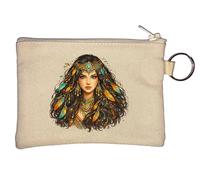 Woman Adorned with Vibrant Feathers Key Chain Coin Purse Beige