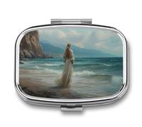 Woman Alone Standing on Beach Pill Box 2 Compartment Portable Medicine Pill Case Travel Pill Organizer for Pocket Purse