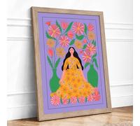 Woman Among Flowers Boho Framed Wall Art Print A2 (59.4×42cm) Oak, Wall Decor for Living Room, Bedroom, Office & Home, Ready to Hang, Art Gift