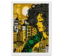 Woman and Edinburgh Cityscape Yellow Green Linocut Artwork Framed Wall Art Print A4 Artery8 White One Size