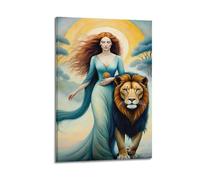 Woman And Lion Fantasy Wall Art, Ethereal Print, Mythical Poster, Graceful Canvas Picture, Enchanting Decor for Living Room Bedroom Artistic Wall Mural Modern Hanging Decor Poster12x18inch(30x45cm)