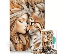 Woman And Lynx Jigsaw Puzzle 1000 Piece Cognitive Fun Play Precise Interlock Structure Bonding Activity for Loved Ones (38x52cm)