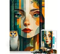 Woman And Owl in Abstract Forest Jigsaw Puzzles1000 Pieces Cognitive Boost Fun Burr Free Clean Cut Pieces Holiday Indoor Entertainment Toy (38x26cm)