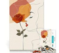 Woman And Rose Line Art 1000 Jigsaw Puzzle Mental Fun Game Seamless Fit Precise Pieces Relaxing Indoor Group Activity (50x75cm)