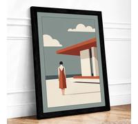 Woman at Architecture Mid Century Framed Wall Art Print A3 Black