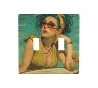 Woman at The Pool Bar Double Gang Toggle Light Cover Wall Plate Switch Decor Standard Size - 11.4x11.4cm