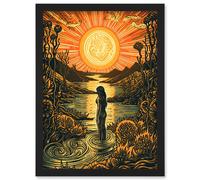 Woman Bathing in Creek at Sunset Modern Linocut Artwork Framed Wall Art Print A4 Artery8 Black One Size