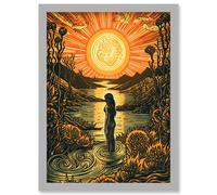 Woman Bathing in Creek at Sunset Modern Linocut Artwork Framed Wall Art Print A4 Artery8 Light Grey One Size