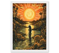 Woman Bathing in Creek at Sunset Modern Linocut Artwork Framed Wall Art Print A4 Artery8 White One Size