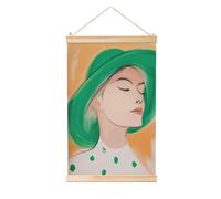 Woman Big Hat Emerald Green Abstract Linen Hanging Painting, Linen Wall Art Home Art Piece Modern Artwork Farmhouse Decor 40x60 Cm