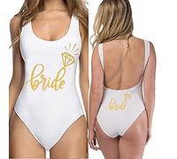 Woman Bride Bride Tribe Gold Letter Back Print Swimwear Swimsuit One Piece Swimming Bareback High Cut Removable Pad Bodysuit, White, Large