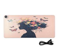Woman Butterfly Flowers Pink Print Heated Desk Mat Large Heated Non-Slip Desk Pad with 3 Heating Levels PU Leather Writing Pad and Blotter for Game Office, 35.4x15.7in