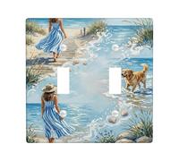 Woman Double Light Switch Cover Plate, Coastal Natural Dog Beach Summer Blue Plastic Standard Size Toggle Light Switch Cover for Bedroom Bathroom Kitchen Entrance Decor