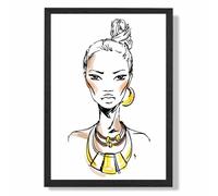 Woman Face Pen and Ink Sketch Framed Print SIZE: A2 with Black Frame ARTZE Yellow A2