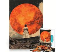 Woman Facing Giant Red Moon Jigsaw Puzzles1000 Pieces Cognitive Boost Fun Burr Free Clean Cut Pieces Holiday Indoor Entertainment Toy (50x75cm)