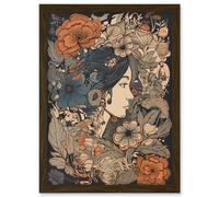 Woman Floral Profile Portrait Boho Art Nouveau Artwork Framed Wall Art Print A4 Artery8 Brown One Size