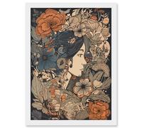 Woman Floral Profile Portrait Boho Art Nouveau Artwork Framed Wall Art Print A4 Artery8 White One Size