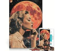 Woman Gazing at Red Moon 1000 Piece Jigsaws for Adults Brain Training Fun Clean Cut Sturdy Components Calming Mental Break Activity (38x52cm)