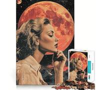 Woman Gazing at Red Moon Jigsaw Puzzles 1000 Mind Skill Play Premium Laser Cut Quality Quiet Time Mind Exercise at Home (38x26cm)