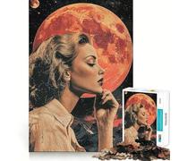 Woman Gazing at Red Moon Jigsaw Puzzles1000 Pieces Cognitive Train Fun Flawless Interlocking Pieces Birthday Gift Brain Teaser Toy (50x75cm)