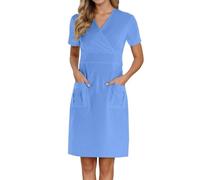 Woman Healthcare Dress Tunic Nurses Uniform Medical Dental Therapist Dress Ladies Healthcare Dress, Round Collar, Princess Seams for Professional Appearance, Waterproof Pockets Dark Blue