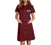 Woman Healthcare Dress Tunic Nurses Uniform Medical Dental Therapist Dress Mini Dressy Short Sleeve Solid Color Button Down Patchwork Lapel Neck Protective Skirt Dresses With Double Pockets