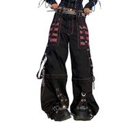 Woman Hip-Hop Jeans Street Shoot Strap Retro Waist Train Rope Splicing Straight Leg Jeans Punk Y2k Pants(Size:M) Black