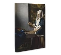 Woman Holding A Balance By Johannes Vermeer Classic Painting Canvas Wall Art Print Ready to Hang, Framed Picture for Living Room Bedroom Home Office Décor, 20x14 Inch (50x35 cm)