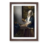 Woman Holding A Balance by Johannes Vermeer Framed Print | A2 Walnut Framed Wall Art | Ready to Hang | Modern Historical Picture | Living Room Bedroom Lounge Office