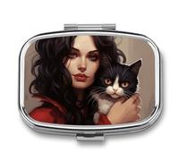 Woman Holding A Cat Pill Box 2 Compartments Portable Travel Pill Case Mini Medicine Organizer for Pocket Purse Metal Waterproof Medicine Container Holder Vitamin Fish Oil