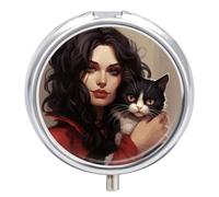 Woman Holding A Cat Pill Box 3 Compartment Round Small Pill Box for Pocket Purse Metal Travel Pill Case Portable Daily Pill Organizer Cute Compact Medicine Organizer Mini Pill Container