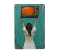 Woman Holding Up An Old Tv Metal Signs Tin Wall Art Decor For Bathroom Toilet Washroom Farmhouse Restroom Yard 20x30 Cm