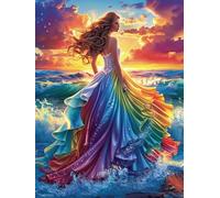 Woman in A Rainbow Dress at Sunset 300 Piece Jigsaw Puzzle Pack Scenery Science Fiction Teens Beginners Cognitive Development Puzzle Fans Group Play High-grade Rigid Cardboard 300 P