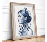 Woman in Blue Botanicals Botanical Framed Wall Art Print A3 (42×29.7cm) Oak, Wall Decor for Living Room, Bedroom, Office & Home, Ready to Hang, Art Gift