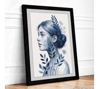 Woman in Blue Botanicals Botanical Framed Wall Art Print A4 (29.7×21cm) Black, Wall Decor for Living Room, Bedroom, Office & Home, Ready to Hang, Art Gift