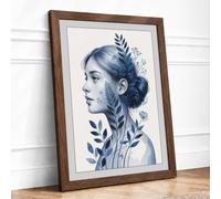 Woman in Blue Botanicals Botanical Framed Wall Art Print A4 (29.7×21cm) Walnut, Wall Decor for Living Room, Bedroom, Office & Home, Ready to Hang, Art Gift