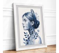 Woman in Blue Botanicals Botanical Framed Wall Art Print A4 (29.7×21cm) White, Wall Decor for Living Room, Bedroom, Office & Home, Ready to Hang, Art Gift