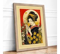Woman in Chrysanthemum Circle Japandi Framed Wall Art Print A2 (59.4×42cm) Oak, Wall Decor for Living Room, Bedroom, Office & Home, Ready to Hang, Art Gift