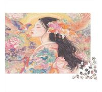 Woman in Kimono-floral Art Style Illustration 1000 Piece Jigsaw Puzzle As Interlocking Puzzles Personalised Jigsaws Floral Maiden for Anxiety Relief Games during Family Puzzle Night 38x26cm/1000pcs