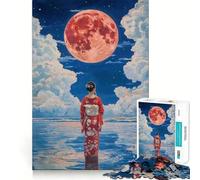 Woman in Kimono Under Red Moon Jigsaw Puzzles 1000 Mind Skill Play Premium Laser Cut Quality Quiet Time Mind Exercise at Home (38x26cm)