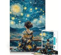 Woman in Kimono Under Starry Night Jigsaw Puzzle1000 Pieces Thinking Skill Game Seamless Fit Precise Pieces Family Fun Night Activity (38x26cm)
