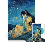 Woman in Kimono Under Starry Sky 1000 Piece Jigsaws for Adults Mind Train Fun Precision Cut Smooth Edges Absorbing Activity for Quiet Nights (38x52cm)