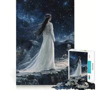 Woman in White Dress Under Starry Sky Jigsaw Puzzle 1000 Piece Mind Train Fun Burr Free Clean Cut Pieces Absorbing Activity for Quiet Nights (38x26cm)
