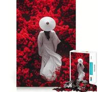 Woman in White with Red Flowers Jigsaw Puzzles1000 Pieces Brain Recall Game Premium Laser Cut Quality Absorbing Activity for Quiet Nights (38x52cm)