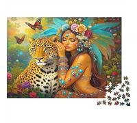 Woman & Leopard Jigsaw Puzzles 1000 Pieces Recyclable Material Exotic Wildlife Senior Puzzles Educational Game Decompression Parent Child Game Props 52x38cm/1000pcs