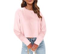 Woman Long Sleeve Cropped T Shirts Round Neck Casual Drop Shoulder Crop Tops Solid Sweater Tees (Pink, L)