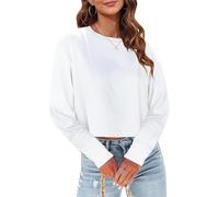Woman Long Sleeve Cropped T Shirts Round Neck Casual Drop Shoulder Crop Tops Solid Sweater Tees (white, S)